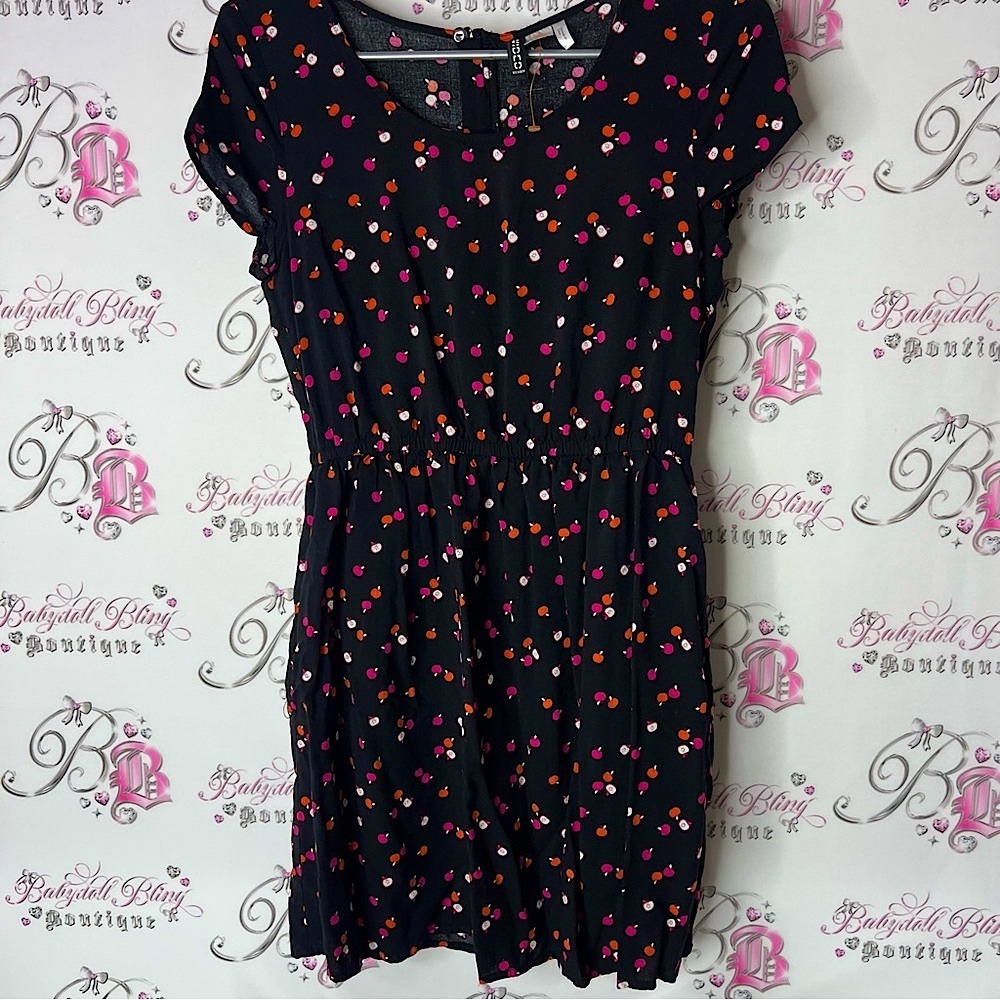 H&M dress apples 🍎 dragon fruit pink red dotted Black Dress fruit pattern